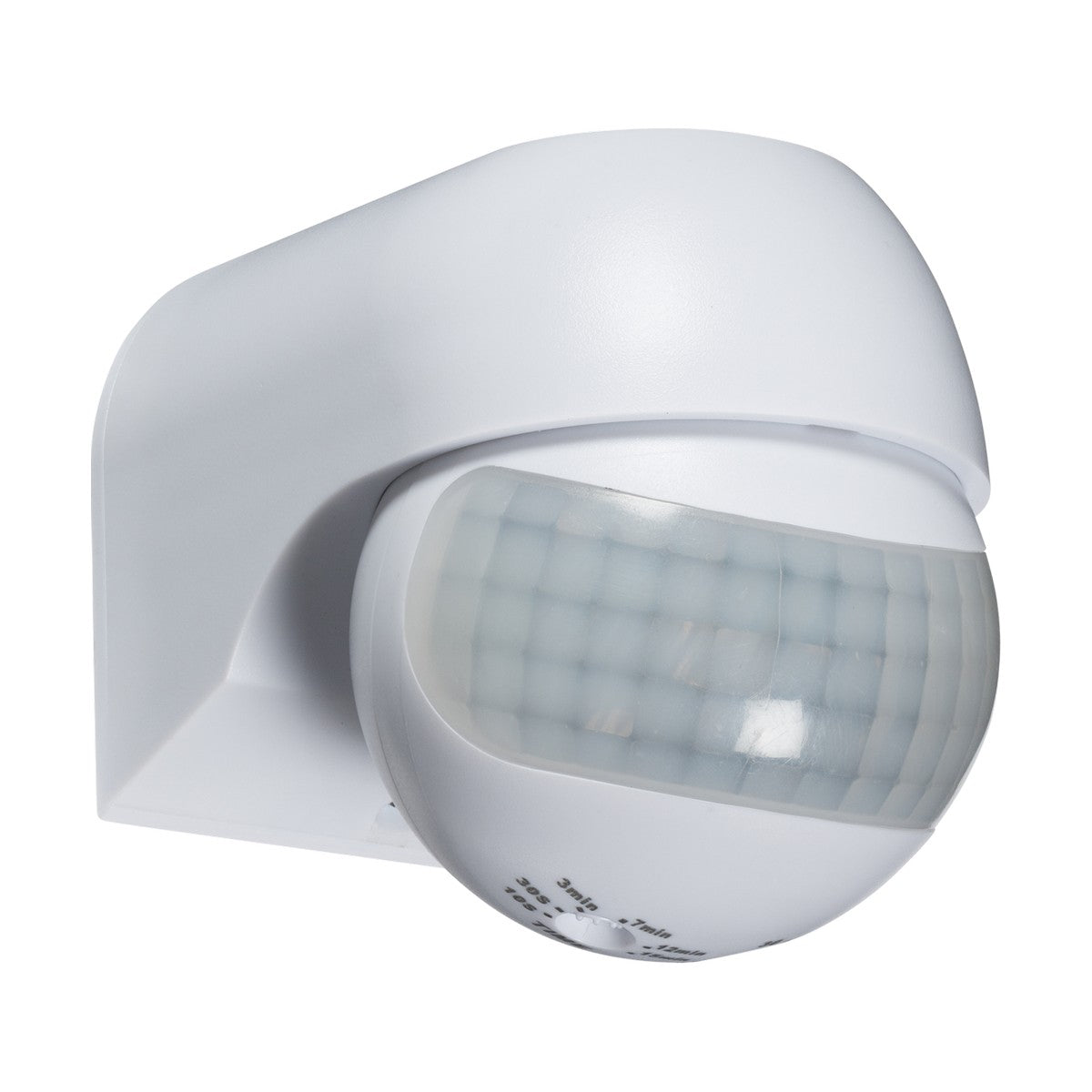 The Mini PIR Sensor 180° - White is a wall-mounted motion sensor with a sleek, rounded, grid-patterned surface designed for detecting movement. It features a 180° field of detection and carries an IP44 rating, highlighting its compact and modern design against a plain background.
