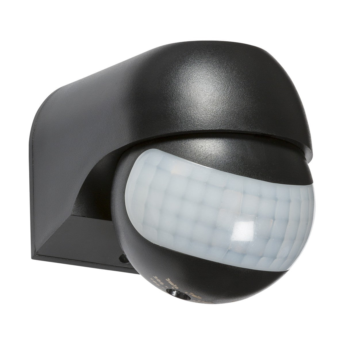 The Mini PIR Sensor 180° - Black, with its rounded, translucent cover, is mounted on a wall bracket and features an adjustable head. This IP44-rated unit efficiently detects movement, making it perfect for security and lighting control purposes.