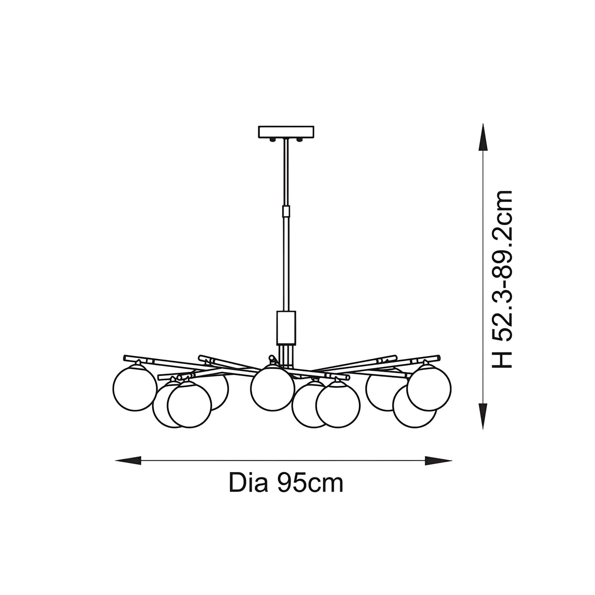 Technical line drawing of the brass Grantham 10 Light Pendant with ten opal glass spheres on angled arms, 95cm diameter, adjustable height 52.3-89.2cm.
