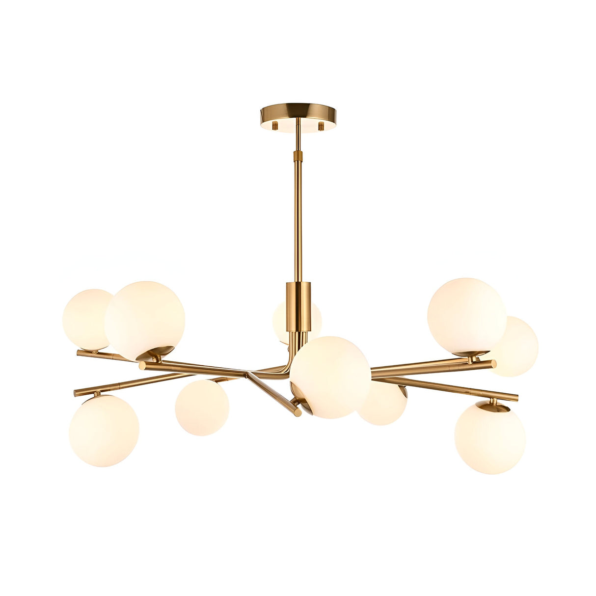 Grantham 10 Light Pendant in brushed brass metal, with matt opal glass globes on angled arms around a central stem, shown on a plain white background.