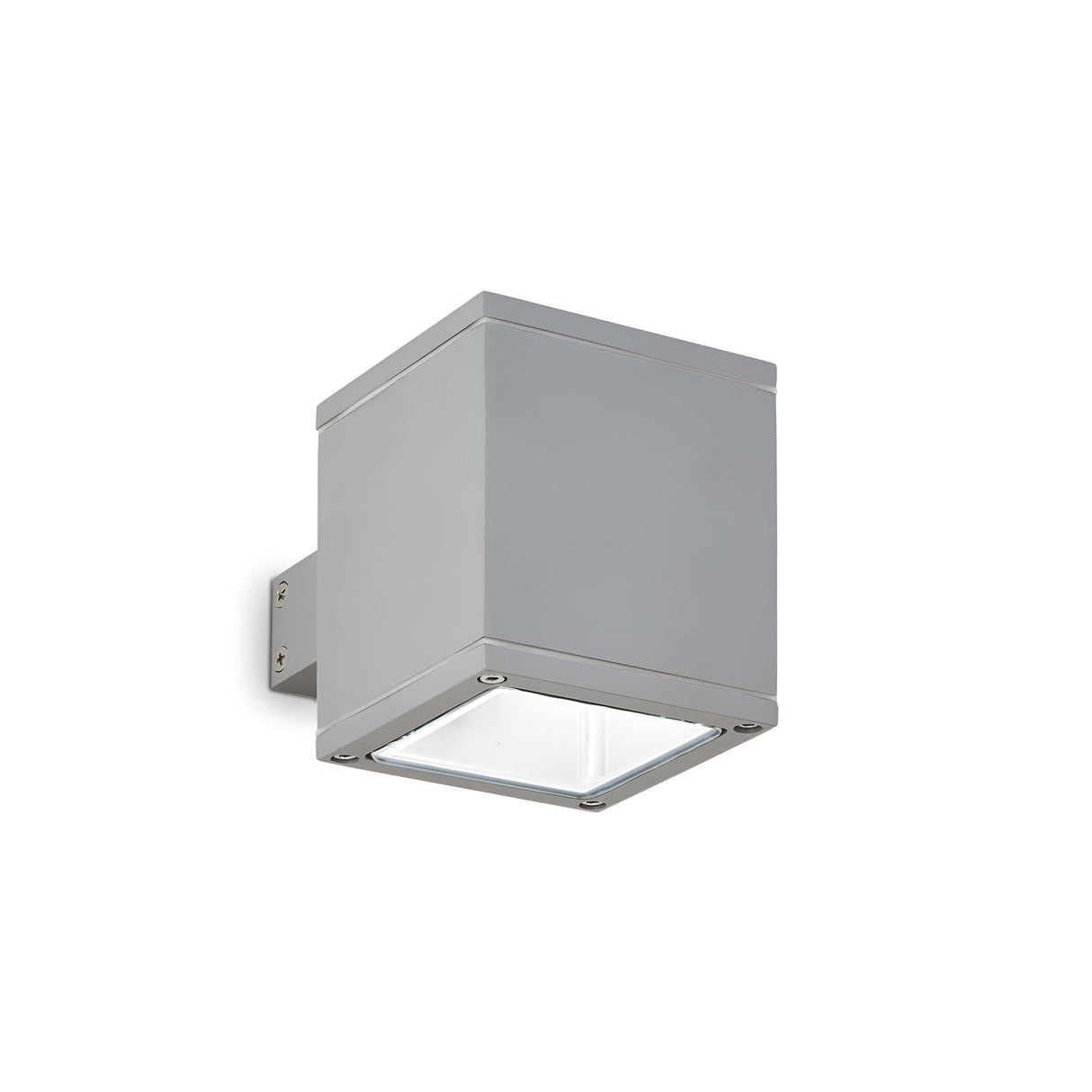 The Opus Square Outdoor Wall Light in grey is a modern, wall-mounted cube fixture made from die-cast aluminium with a frosted Pyrex glass cover on the bottom. It is displayed against a plain white background.