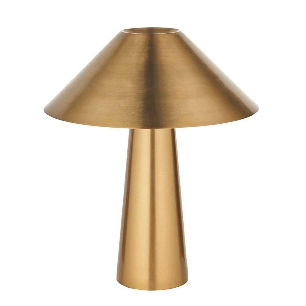Endon Brockbourne table lamp in brushed antique brass with a wide conical shade and tapered cylindrical base, shown on a plain white background.