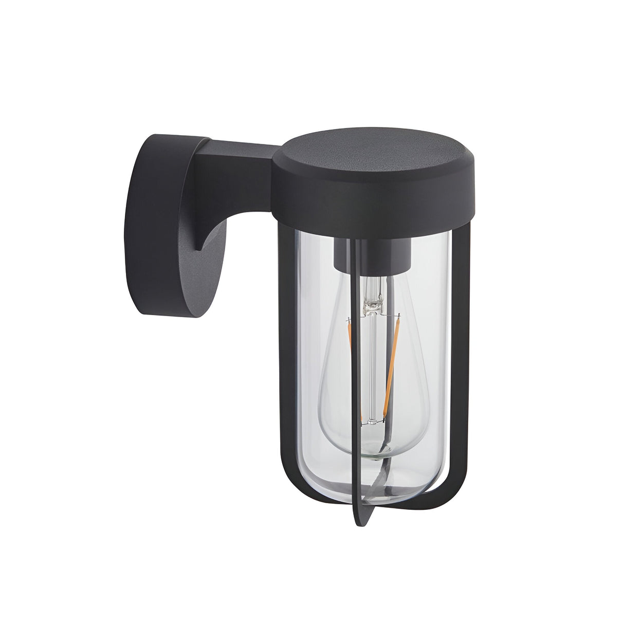 Caldwell Wall Light in matt black aluminium with a cylindrical clear glass shade exposing an E27 bulb, shown on a plain white background.