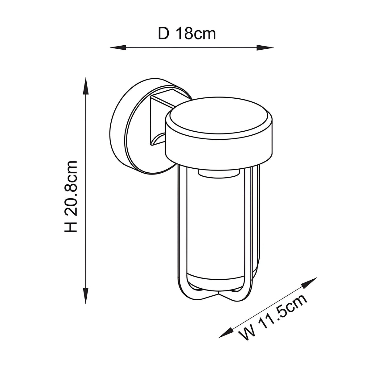 Caldwell Wall Light in matt black die-cast aluminium with clear glass shade and cage frame, line drawing showing 20.8cm height, 18cm depth, 11.5cm width.