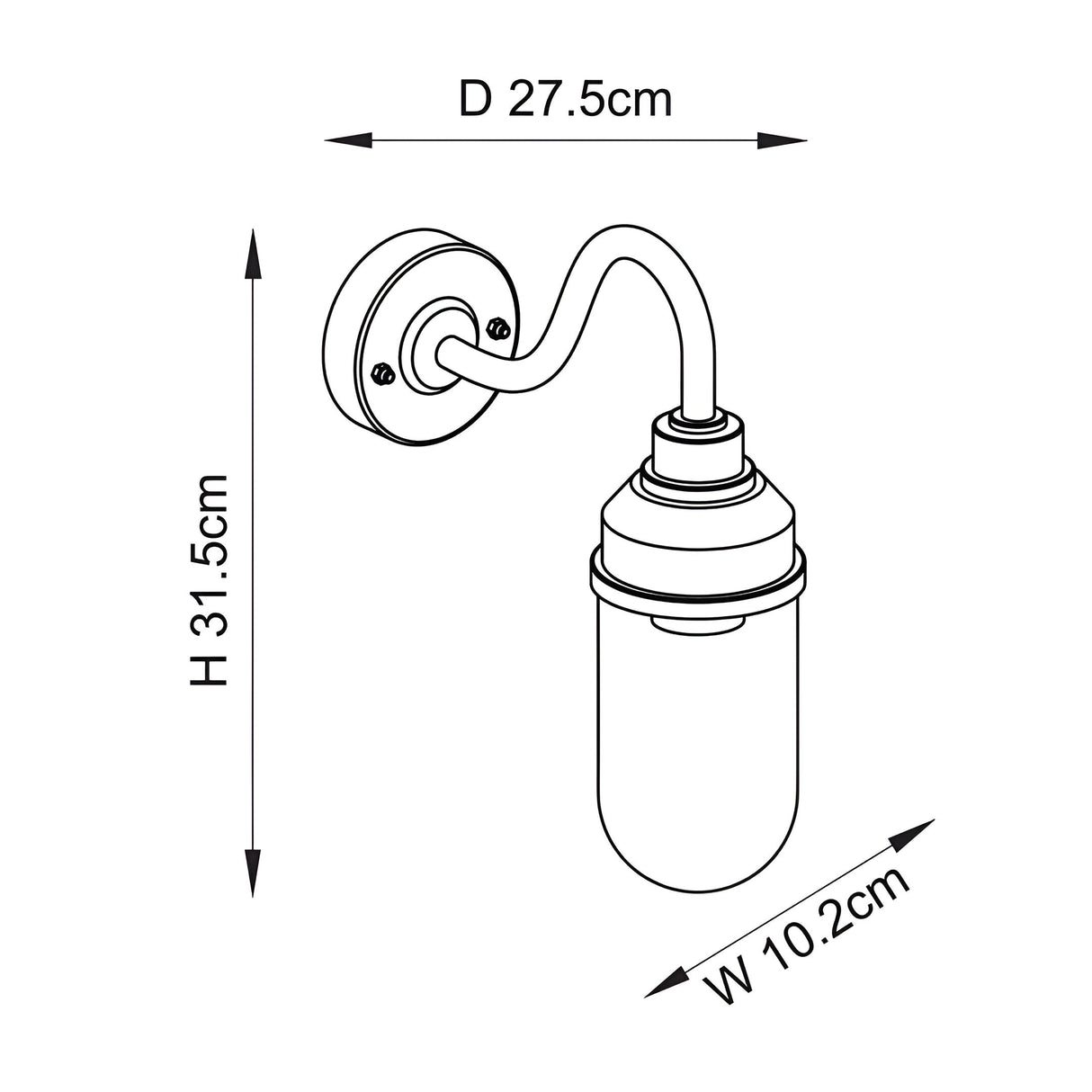Dimension diagram of the Endon Cranworth wall light showing 31.5cm height, 10.2cm width and 27.5cm projection with curved arm and glass shade.