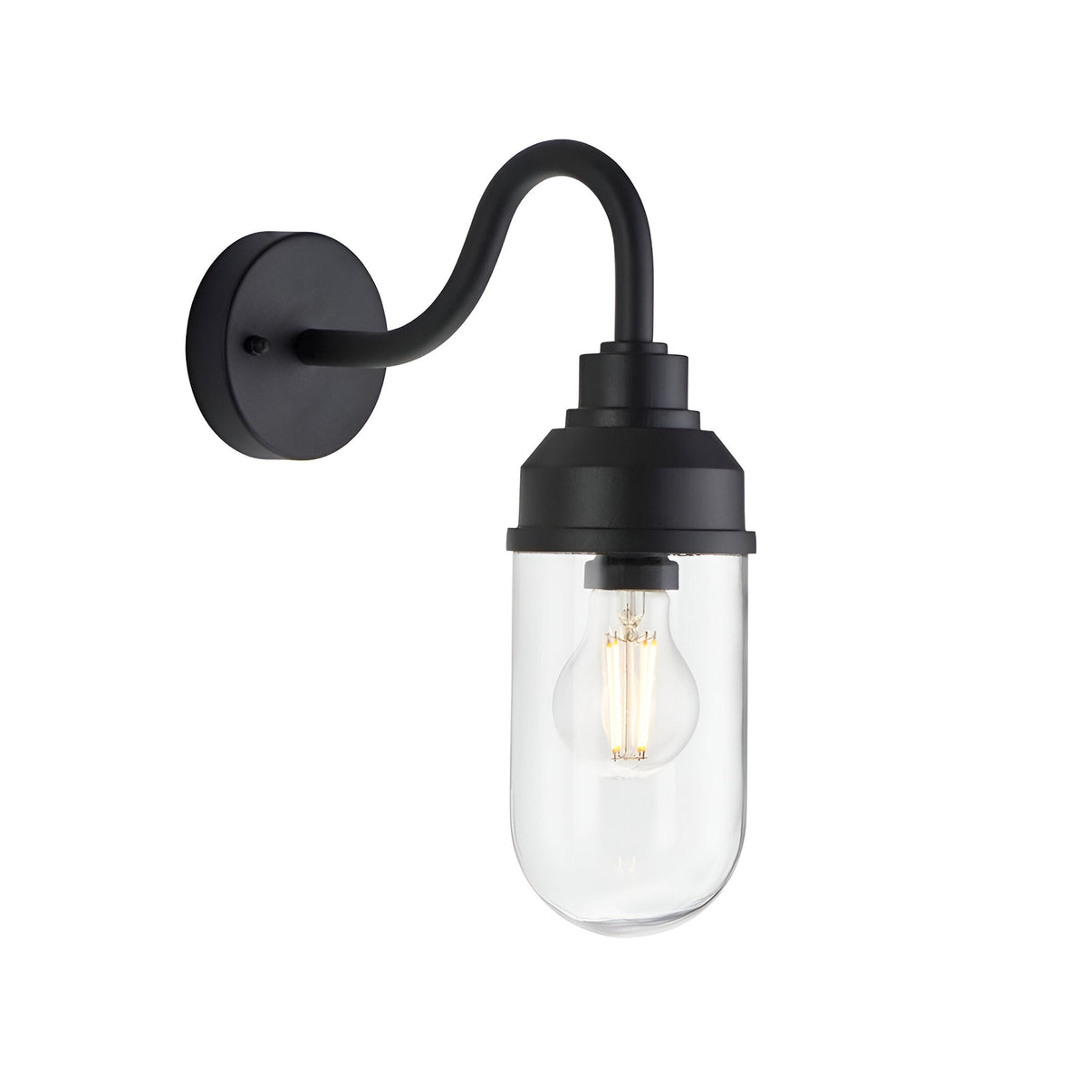 Endon Cranworth wall light in matt black die-cast aluminium with a curved arm and clear glass shade housing an E27 filament bulb, on a white background.