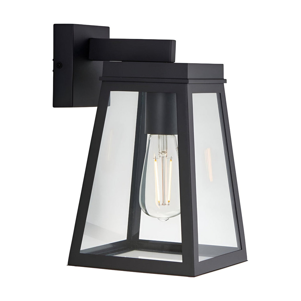 Caldwick Wall Light in matt black, a lantern-style fixture with clear glass panels and an angled bracket, shown against a plain white background.