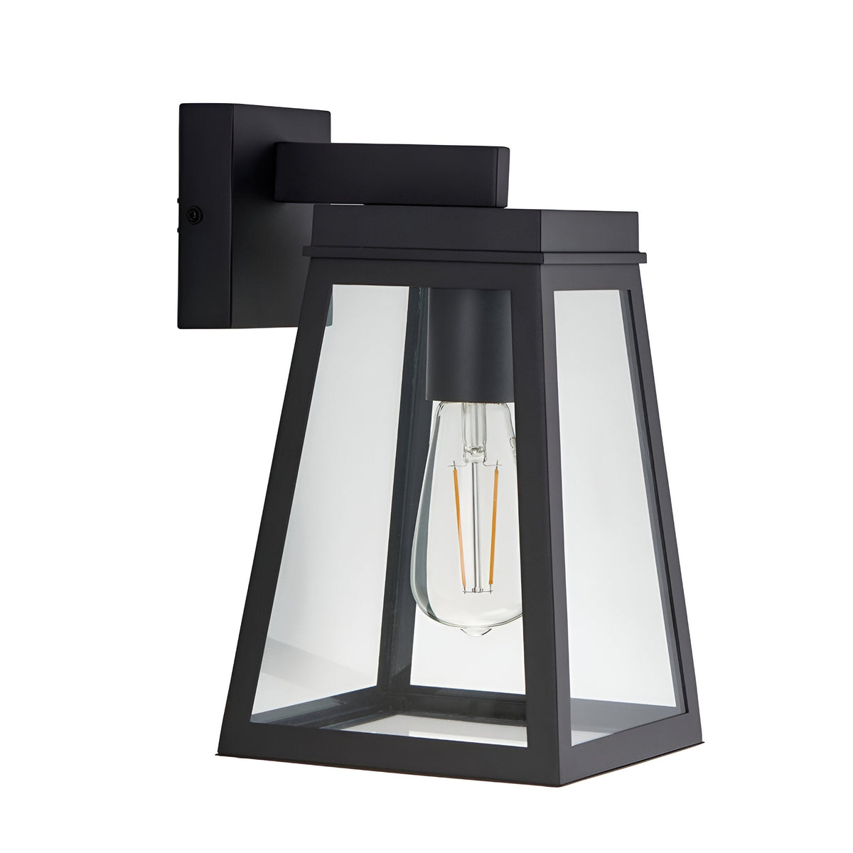 Caldwick Wall Light in matt black with a lantern-style frame, clear glass panels, and visible E27 bulb, shown on a plain white background.
