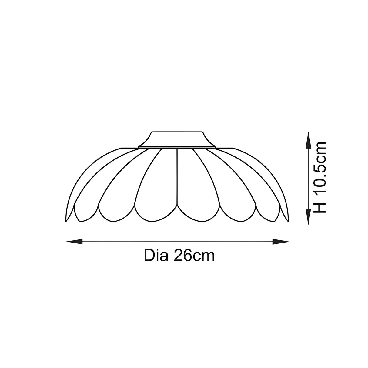Line drawing of the Ashwick glass pendant shade with scalloped edge, showing Dia 26cm width and H 10.5cm height on a white background.