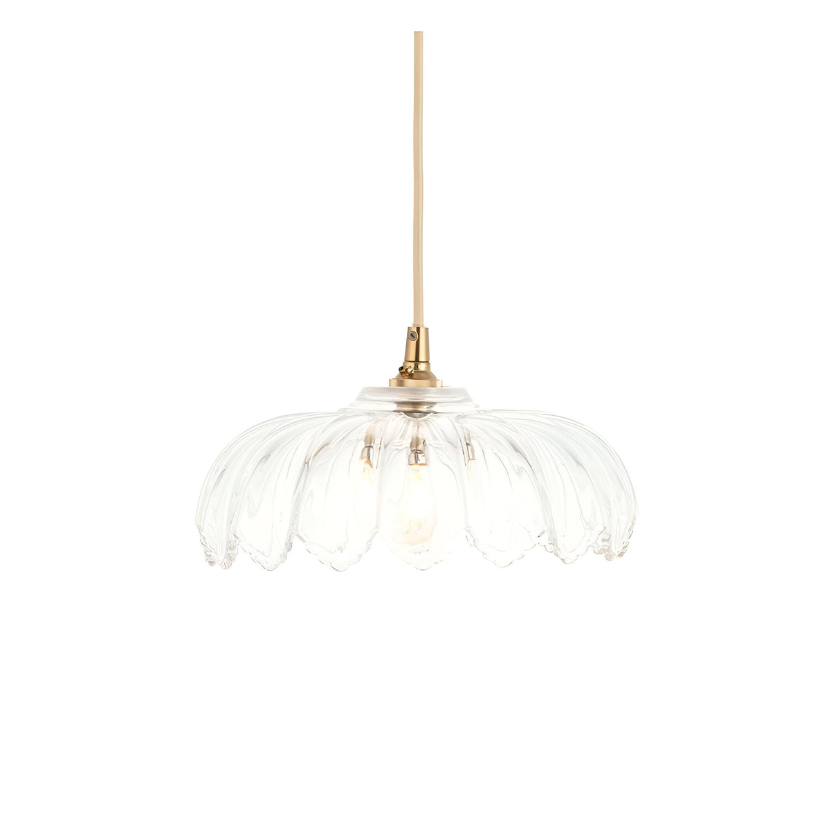 Ashwick clear glass pendant shade with scalloped edge and brass fitting, shown on a plain white background.
