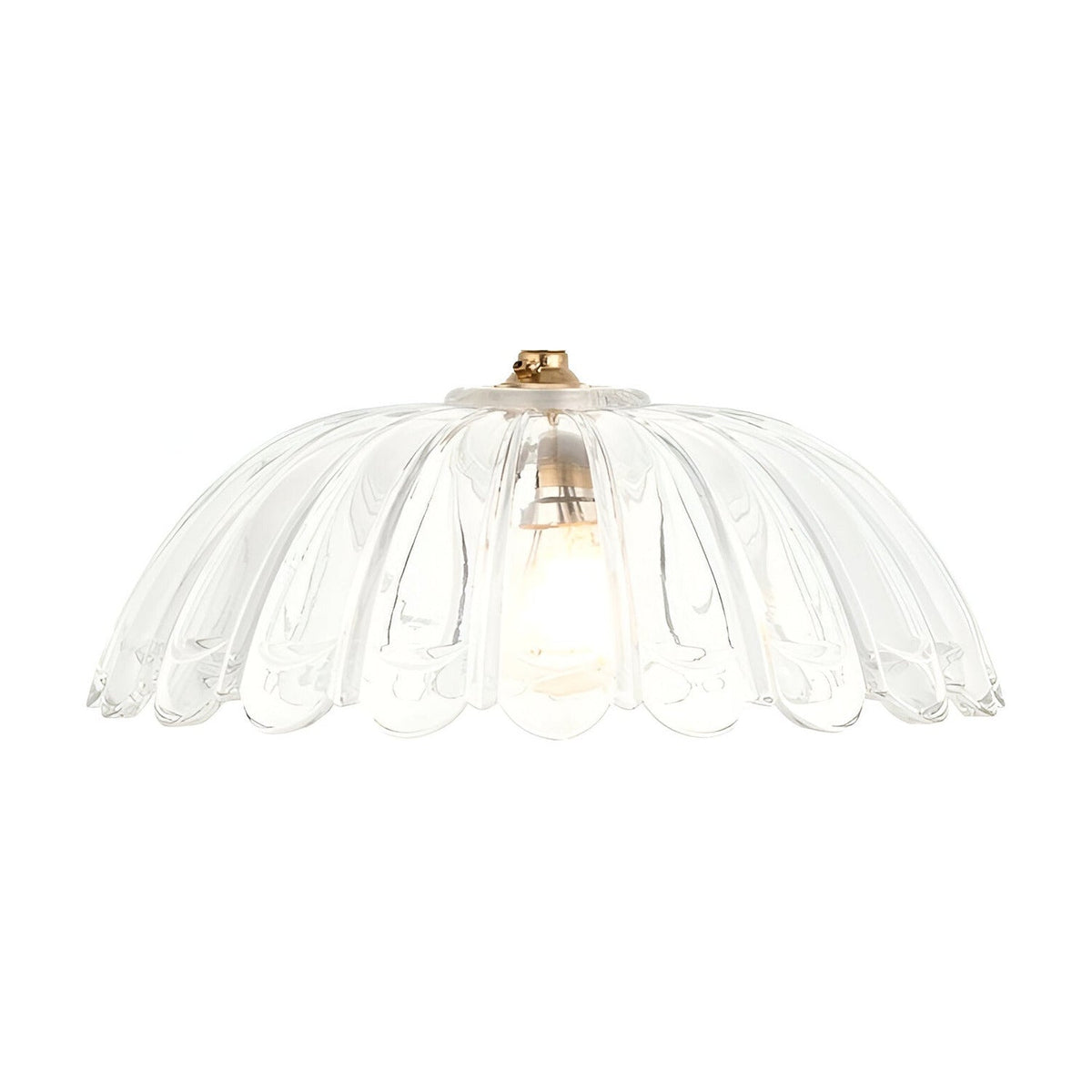 Endon Bevcombe pendant light with a clear scalloped domed glass shade and brass lamp holder on a beige cable, shown against a plain white background.