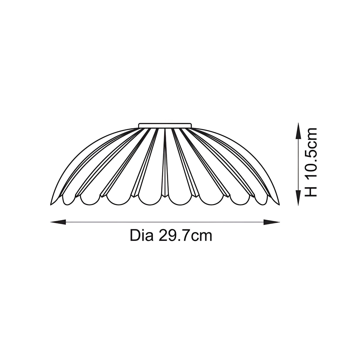 Endon Bevcombe scalloped domed glass easyfit pendant shade dimension diagram showing 29.7cm diameter and 10.5cm height on a white background.