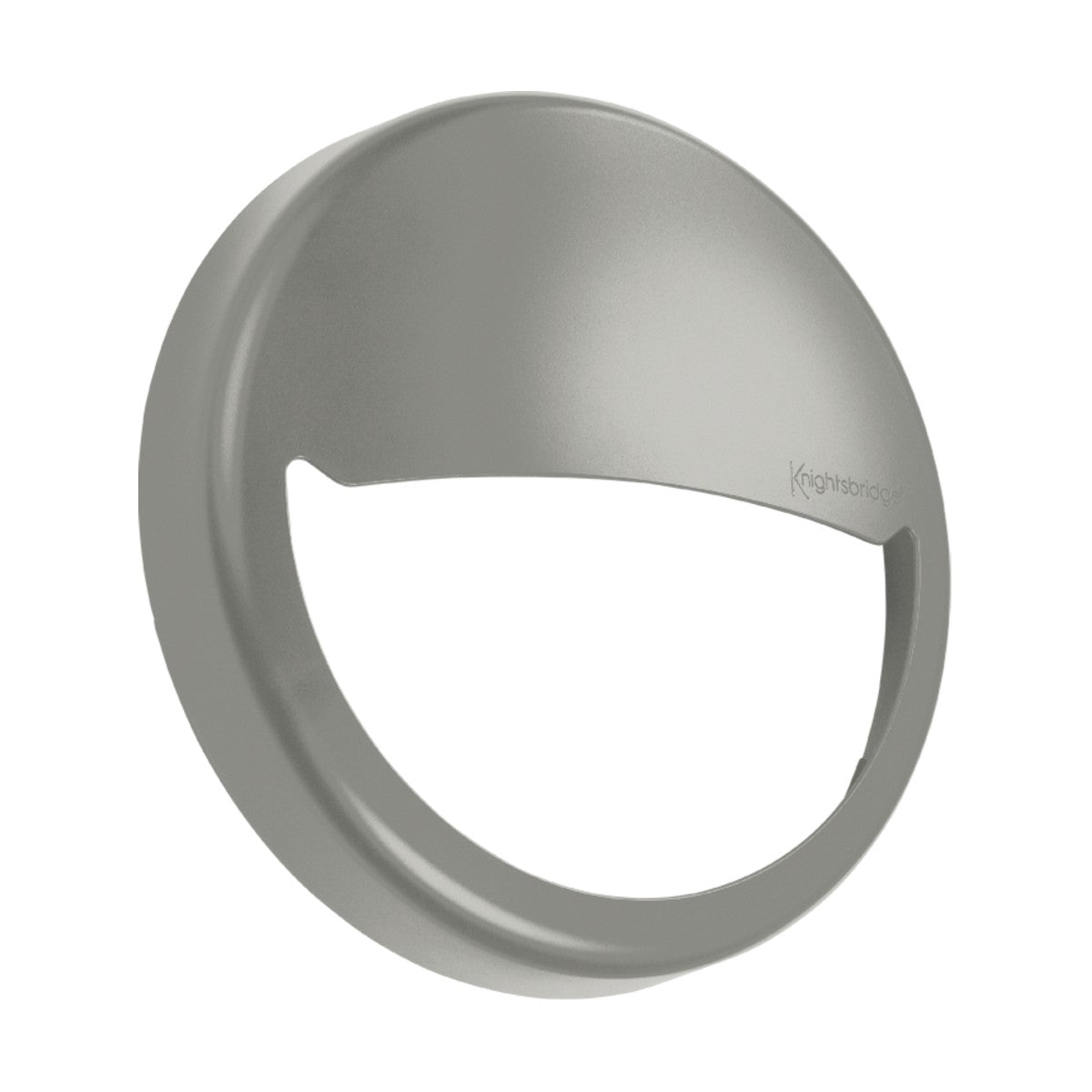 A circular, metallic outdoor wall light featuring a semi-circular cutout at the bottom that emits a soft glow. It is enhanced with the Eyelid Accessory For BT14 in Grey for added style, offering a smooth design with a modern and sleek look that's perfect for sophisticated exterior building lighting.