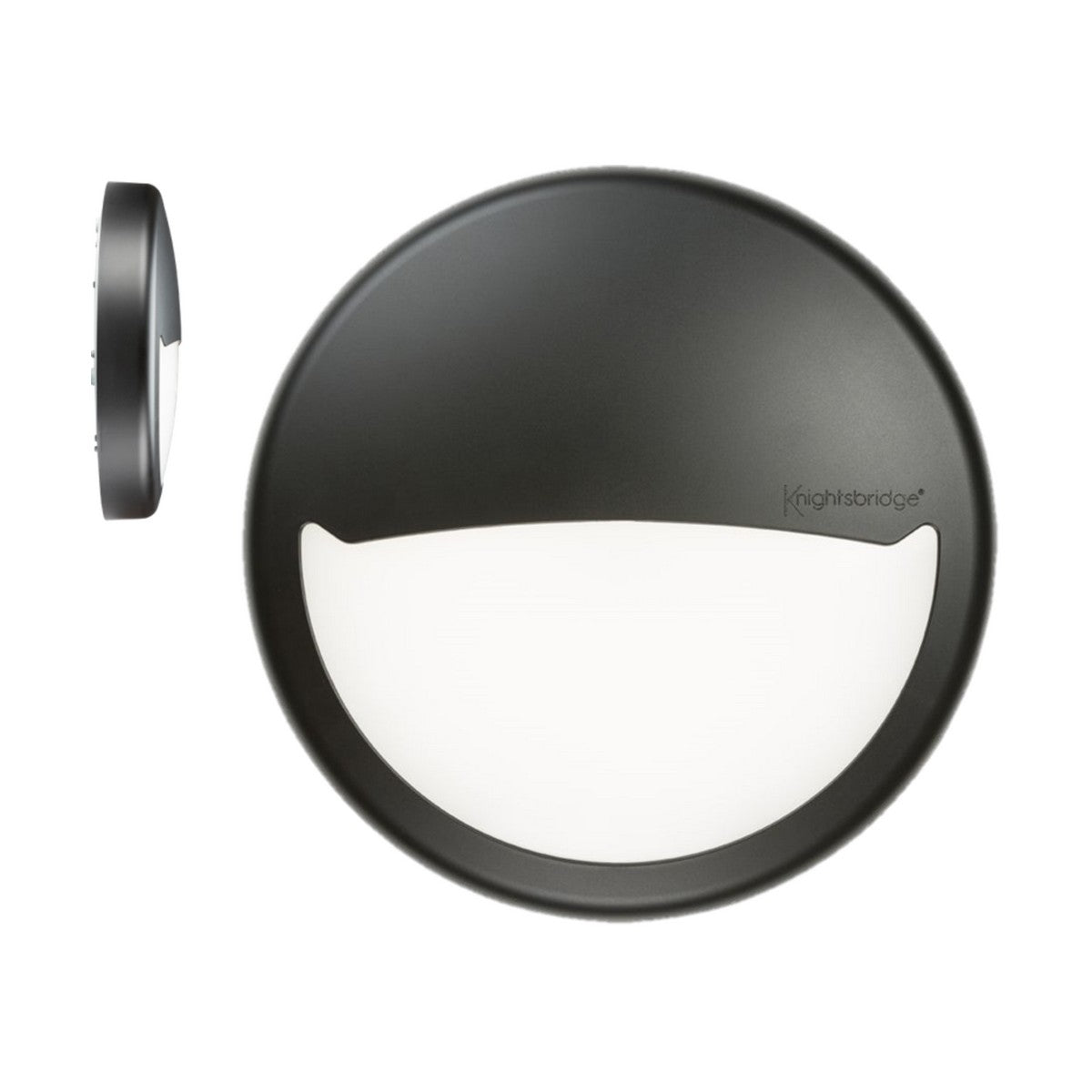 The black outdoor LED bulkhead wall light features a round design and white diffuser, complemented by an Eyelid Accessory For BT14 to guide light, reducing pollution. Its modern, slim style makes it perfect for illuminating walkways and entrance spaces.