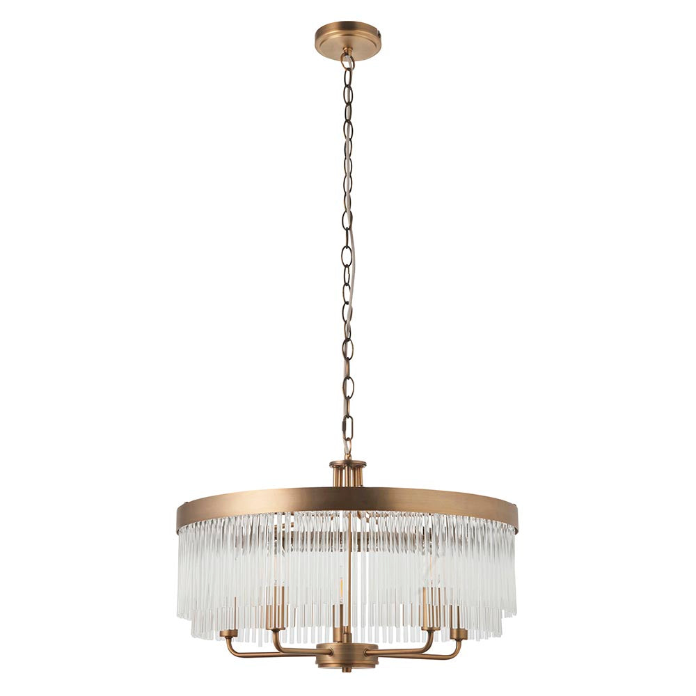 Endon Chatsworth 5 light pendant in antique brass with a two-tier drum frame of clear glass rods, suspended from a chain on a plain white background.