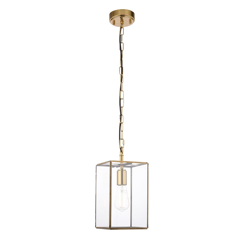 Haddon Pendant in brushed aged brass with a square lantern-style glass frame, chain suspension, and exposed E27 bulb, shown on a plain white background.