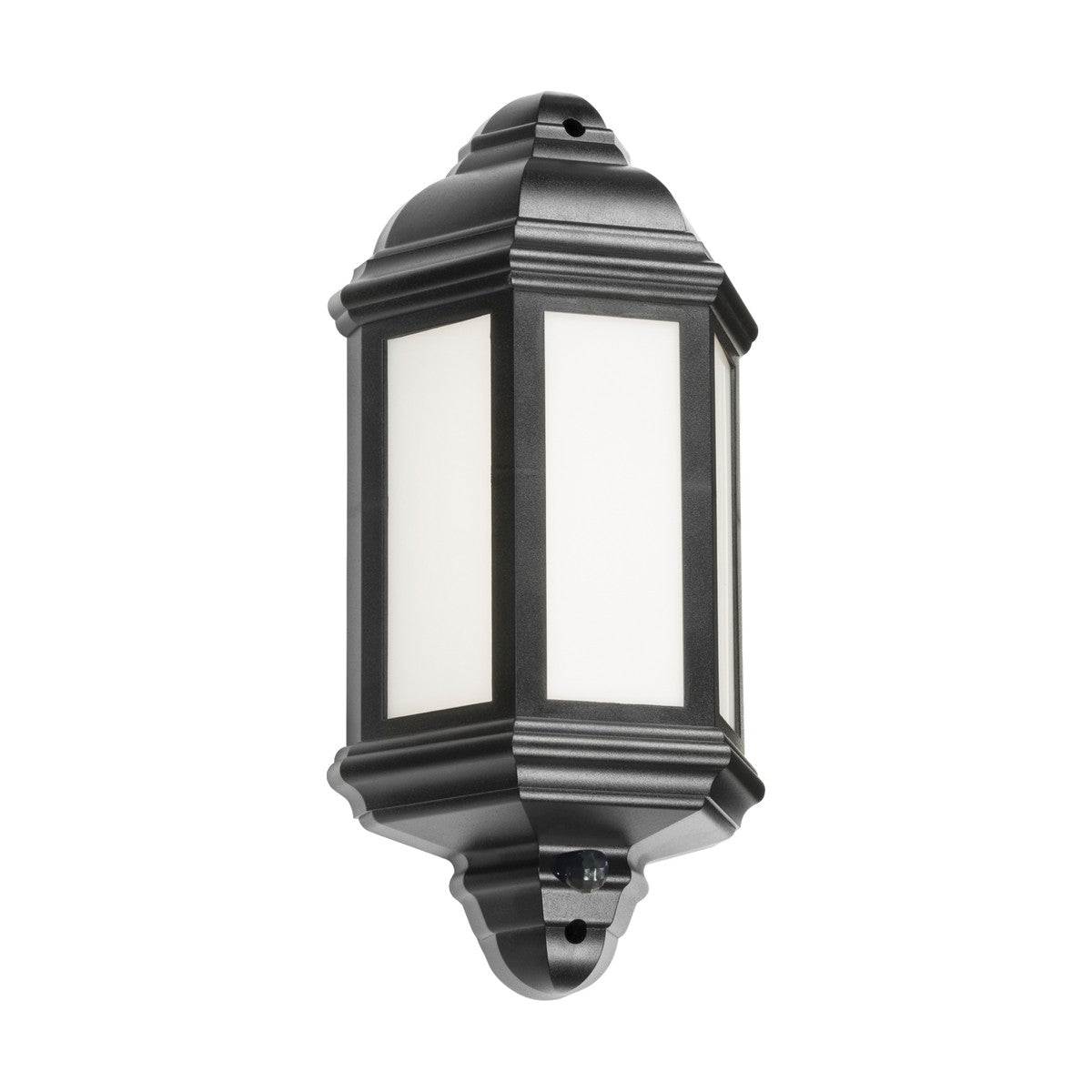 Introducing the Outdoor LED Half Wall Lantern With PIR - Black: This classic black lantern features a vintage design with six white glass panels and is equipped with a 230V IP54 LED for optimal energy efficiency. The fixture's slightly curved top and bottom create an elegant look, while it emits cool white light, making it perfect for outdoor use.