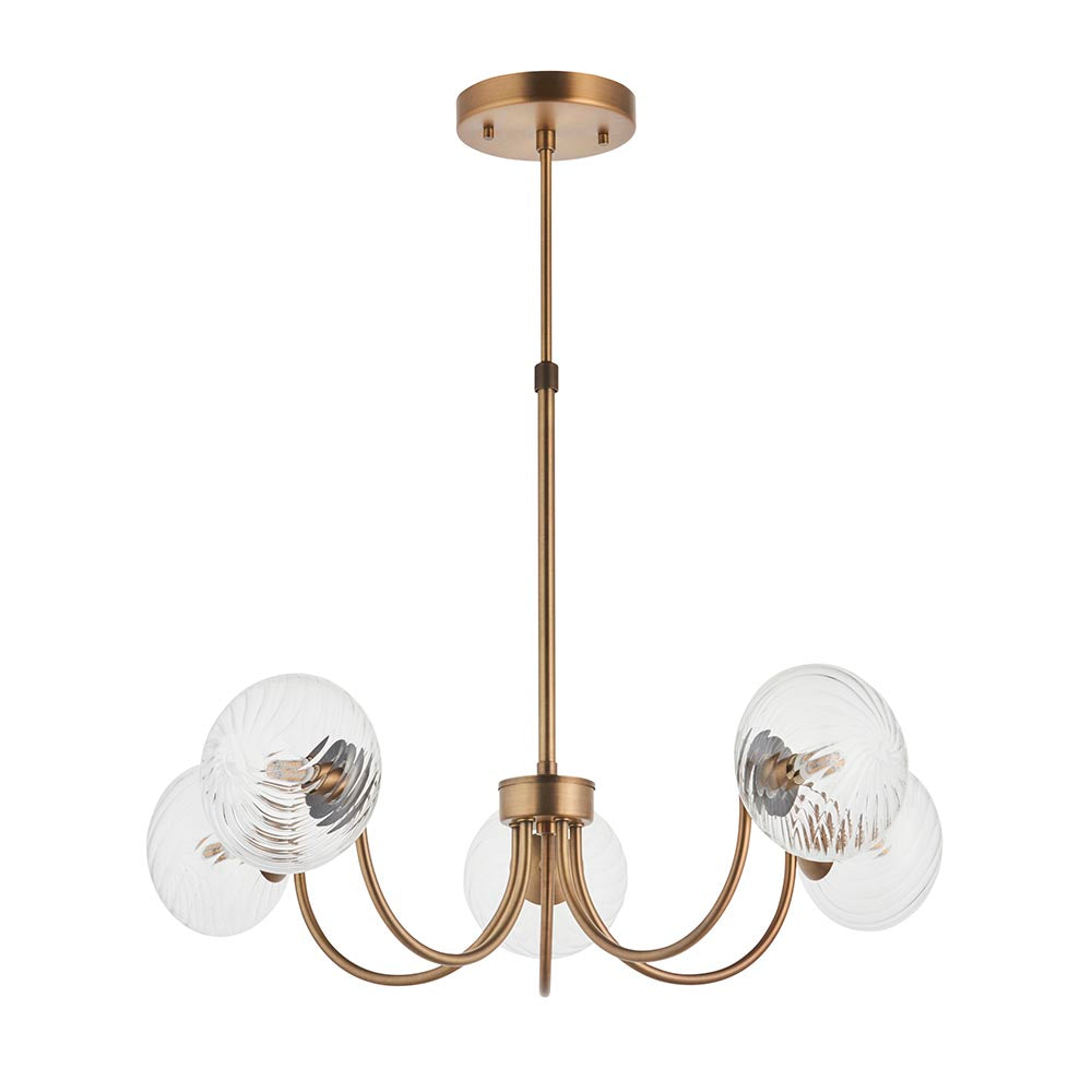 Bramwick 5 Light Pendant in antique brass, with curved arms holding clear twisted glass shades on an adjustable stem, shown on a white background.