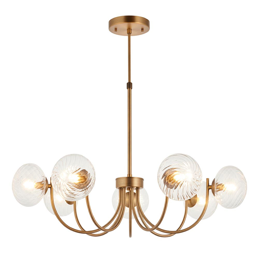 Endon Bramwick 7 light pendant in antique brass with curved arms, clear twisted glass globe shades and a telescopic stem, on a white background.
