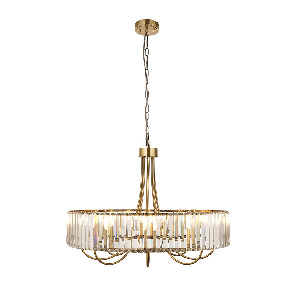 Endon Fairfax 8 light pendant in antique brass with tiered clear cut lozenge glass facets and chain suspension, shown on a plain white background.