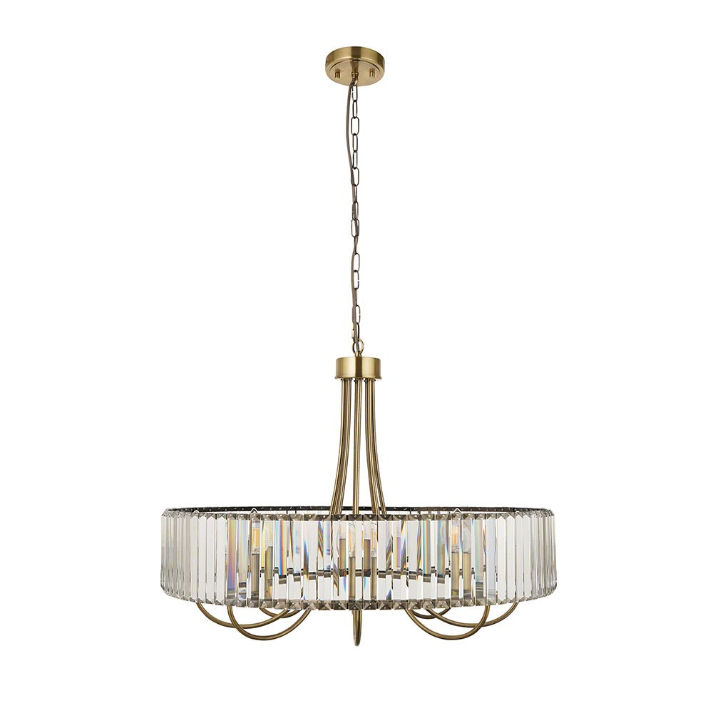 Endon Fairfax 8 Light Pendant in antique brass with tiered clear cut lozenge glass, chain suspension and ceiling rose, on a white background.