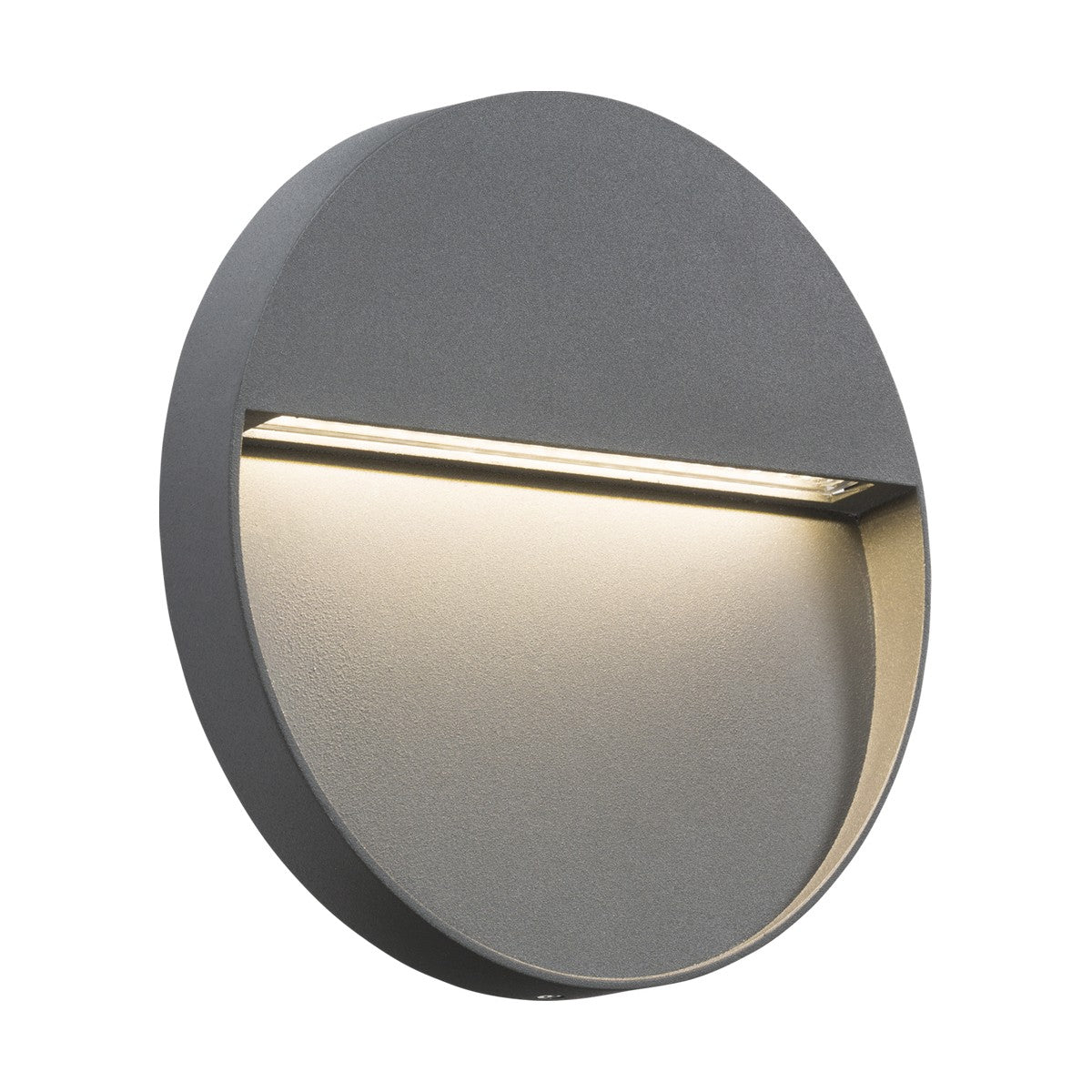 The Outdoor 5W LED Round Guide Light in grey showcases a minimalist design with its dark gray die-cast aluminum finish. It includes a slim horizontal opening at the top, gently dispersing warm light across the surface below. With an IP44 rating, it is ideal for both indoor and outdoor use.