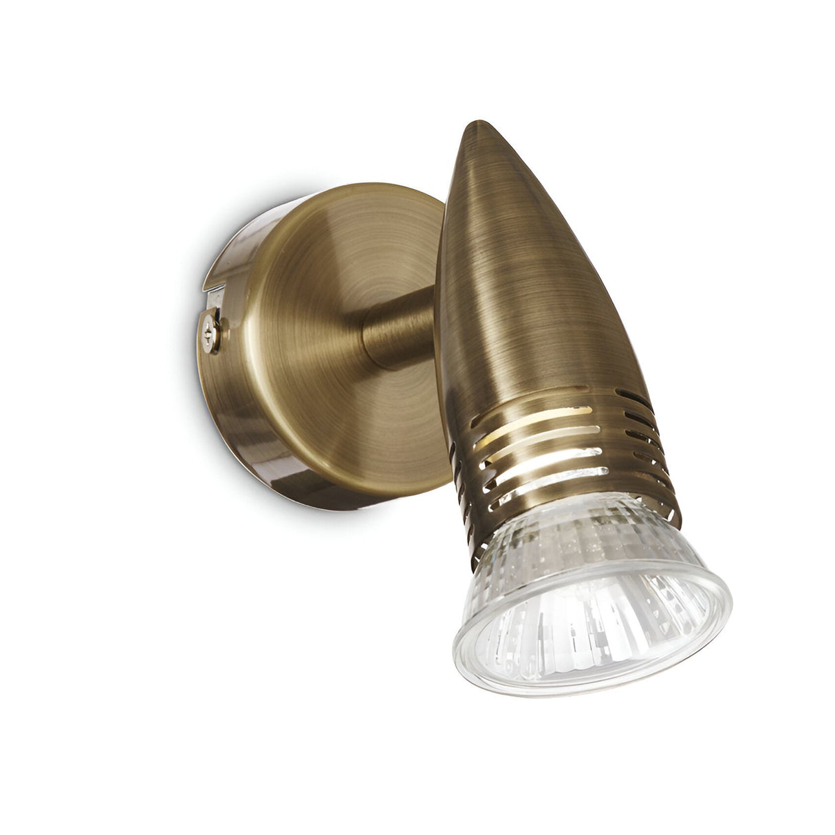 The Omega Single Spotlight - Brass boasts a sleek conical design paired with a bronze-colored wall mount. Its slotted cover elegantly diffuses light, and the adjustable light direction enhances its practicality, complementing its modern metallic finish.