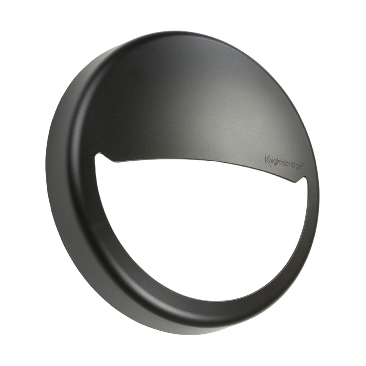 Introducing the Eyelid Accessory For BT9 Range in black—a sophisticated round wall light fixture with a stylish half-open design made from robust polycarbonate. Its sleek, glossy finish features the subtle engraving of Knightsbridge on the right side, providing both visual elegance and effective lighting control for any setting.