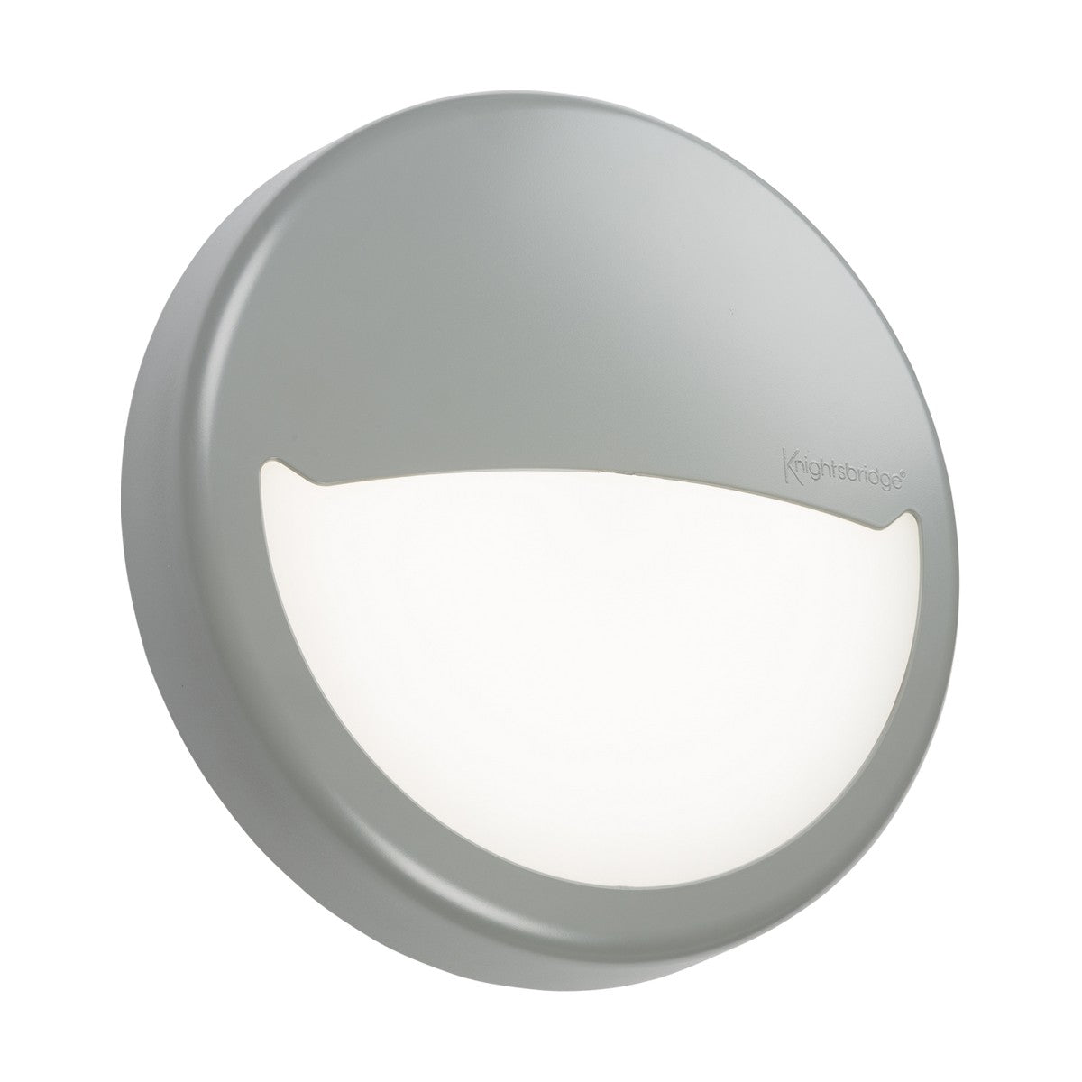 The Eyelid Accessory For BT9 Range in grey is a circular LED wall light with a minimalist design crafted from durable polycarbonate. It features partially covered lighting to create a crescent-shaped glow, while the expertly embossed brand name adds subtle sophistication to the piece.