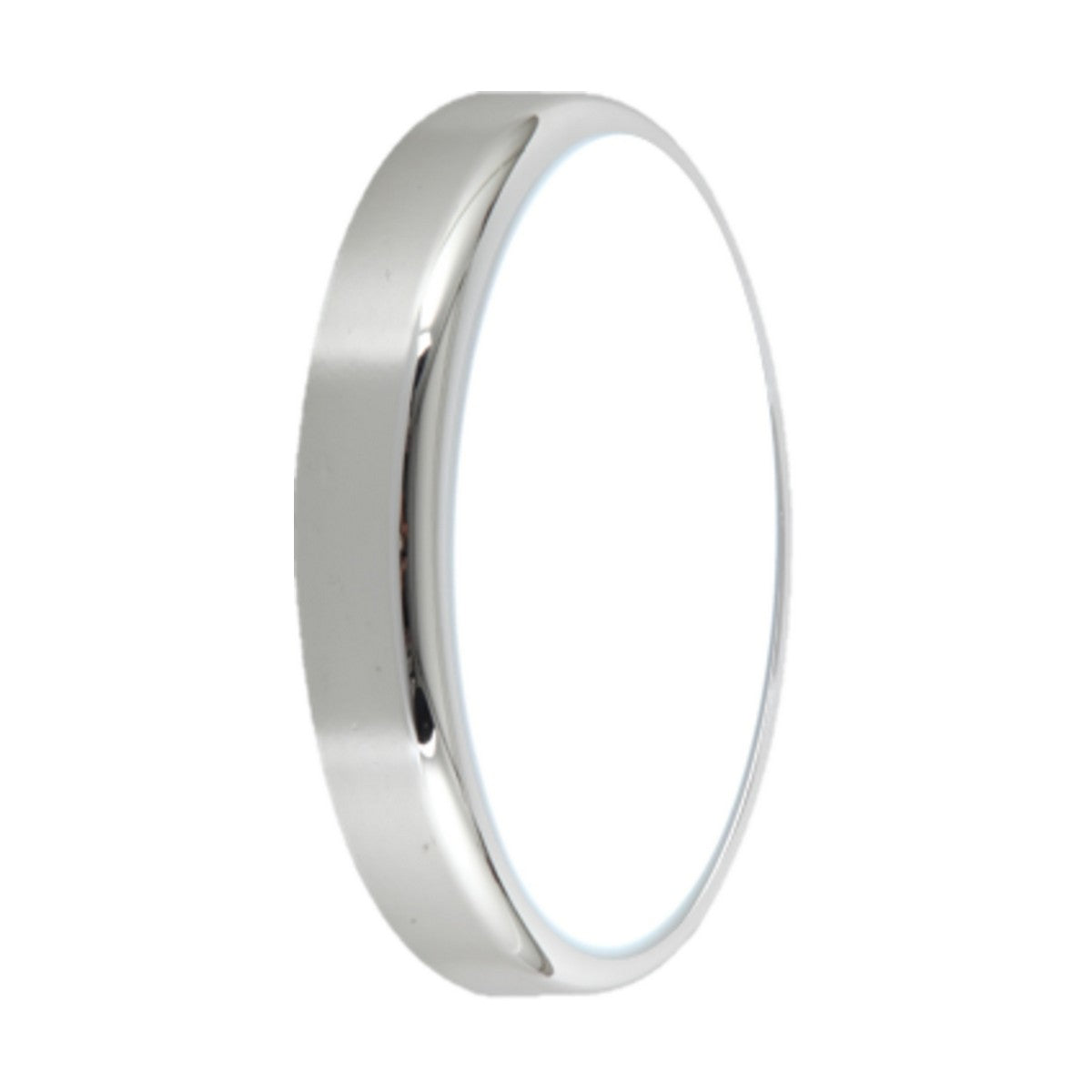 Introducing the Bezel Accessory for BT9 Range in Chrome: a round, modern LED ceiling light featuring a sleek chrome bezel and white diffused cover. Its polycarbonate finish is crafted to deliver even, soft illumination while infusing a contemporary touch into any room.