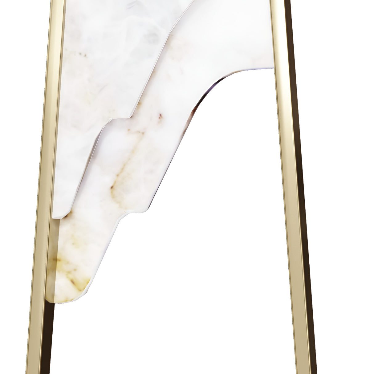 Close-up of the Atria LED Small Alabaster Floor Lamp – Brushed Brass, featuring two overlapping Spanish alabaster slabs with subtle brown veins, framed by slim brushed brass edges and supported by matching legs.