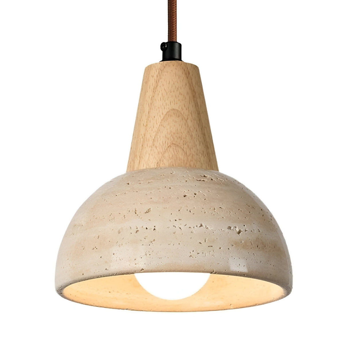 The Corvanto 1 Light Dome Travertine Single Pendant Light in light brown and light beige features a wooden top, dome-shaped stone shade, brown cord, and partially visible bulb underneath.