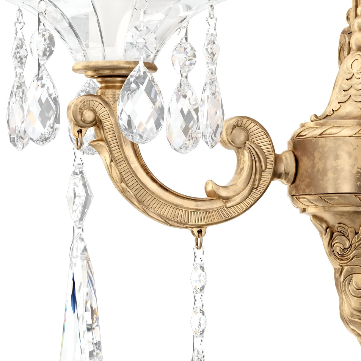 Close-up of the Vienna 1 Light K9 Crystal Wall Light in heirloom gold, showcasing a detailed Rococo design with hanging K9 crystal pendants that reflect light from a decorative glass bowl.