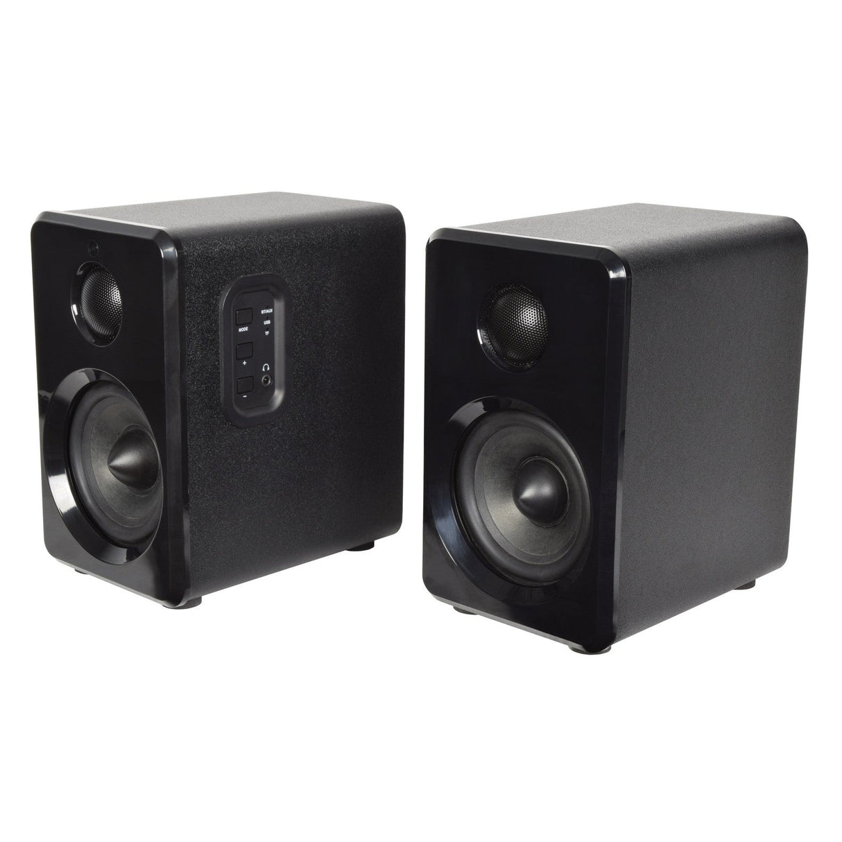 The AV:Link 15W Active Bluetooth Bookshelf Speakers - Black (Pair) are designed with a sleek black matte finish, featuring a contemporary rectangular design. Each speaker includes a large main driver and a smaller tweeter positioned above it. The left speaker is equipped with Bluetooth connectivity and has a side-mounted control panel with buttons and switches, all accessible via remote control.
