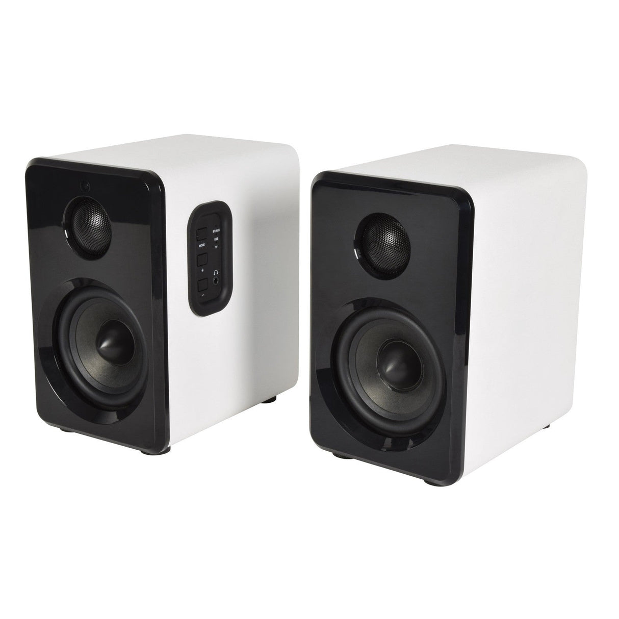 The AV:Link 15W Active Bluetooth Bookshelf Speakers in white feature a modern design with black front panels. Each speaker is equipped with a visible woofer and tweeter, while one includes side control buttons and ports for effortless tuning. These sleek speakers are perfect for any contemporary space.