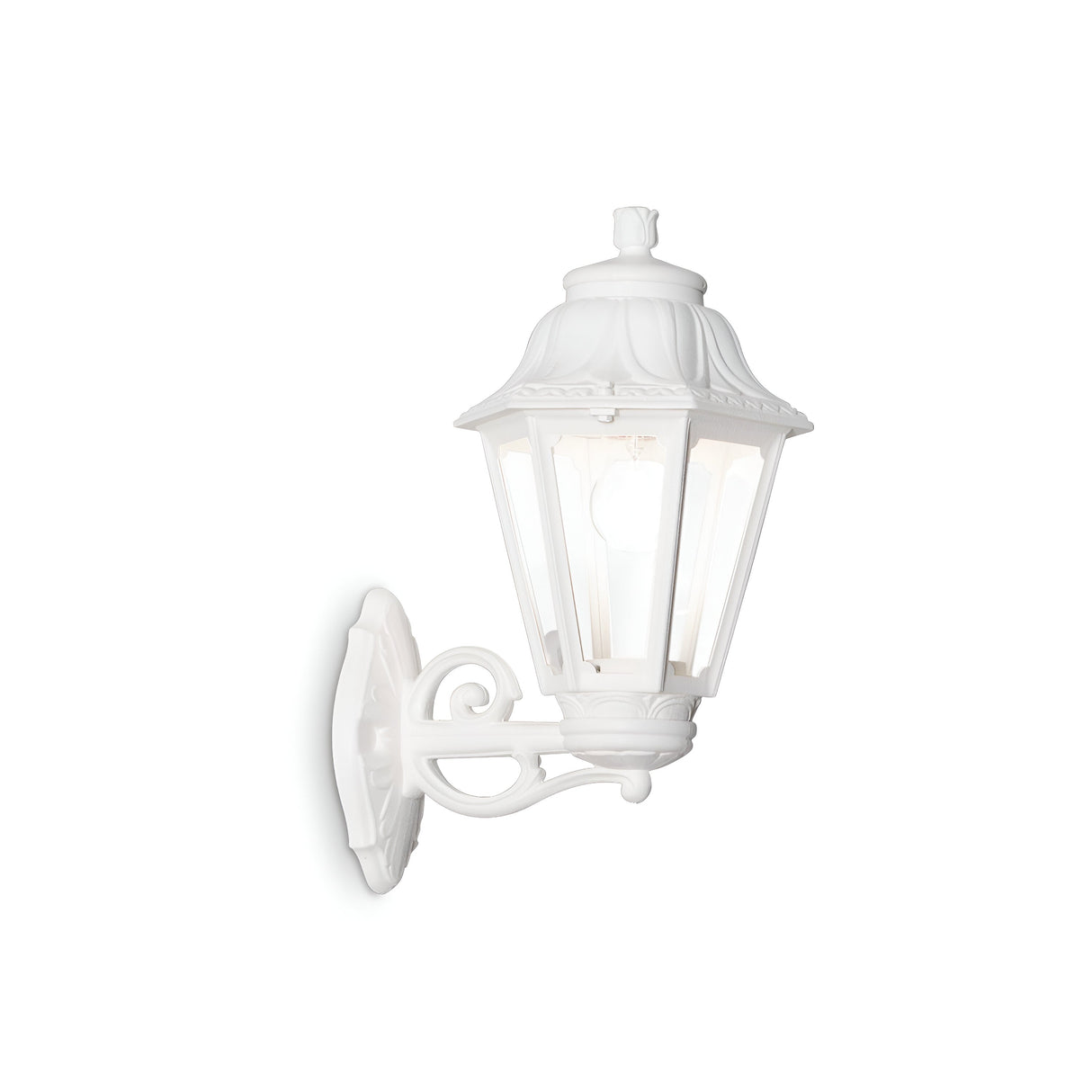 Introducing the Gaze Large Outdoor Wall Light in White, which features a vintage-style design with ornate detailing and a hexagonal glass enclosure. It includes an anti-yellowing diffuser and UV treatment for durability, all mounted on a bracket with decorative scrollwork.