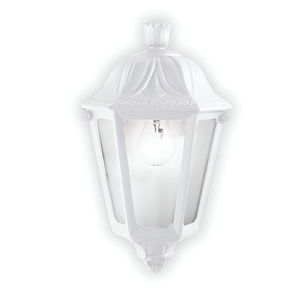 The Gaze Small Outdoor Wall Light - White is a vintage-inspired outdoor wall lantern made from UV-treated resin, showcasing decorative details with a visible bulb. This corrosion-resistant lighting fixture is gracefully mounted against a white backdrop.