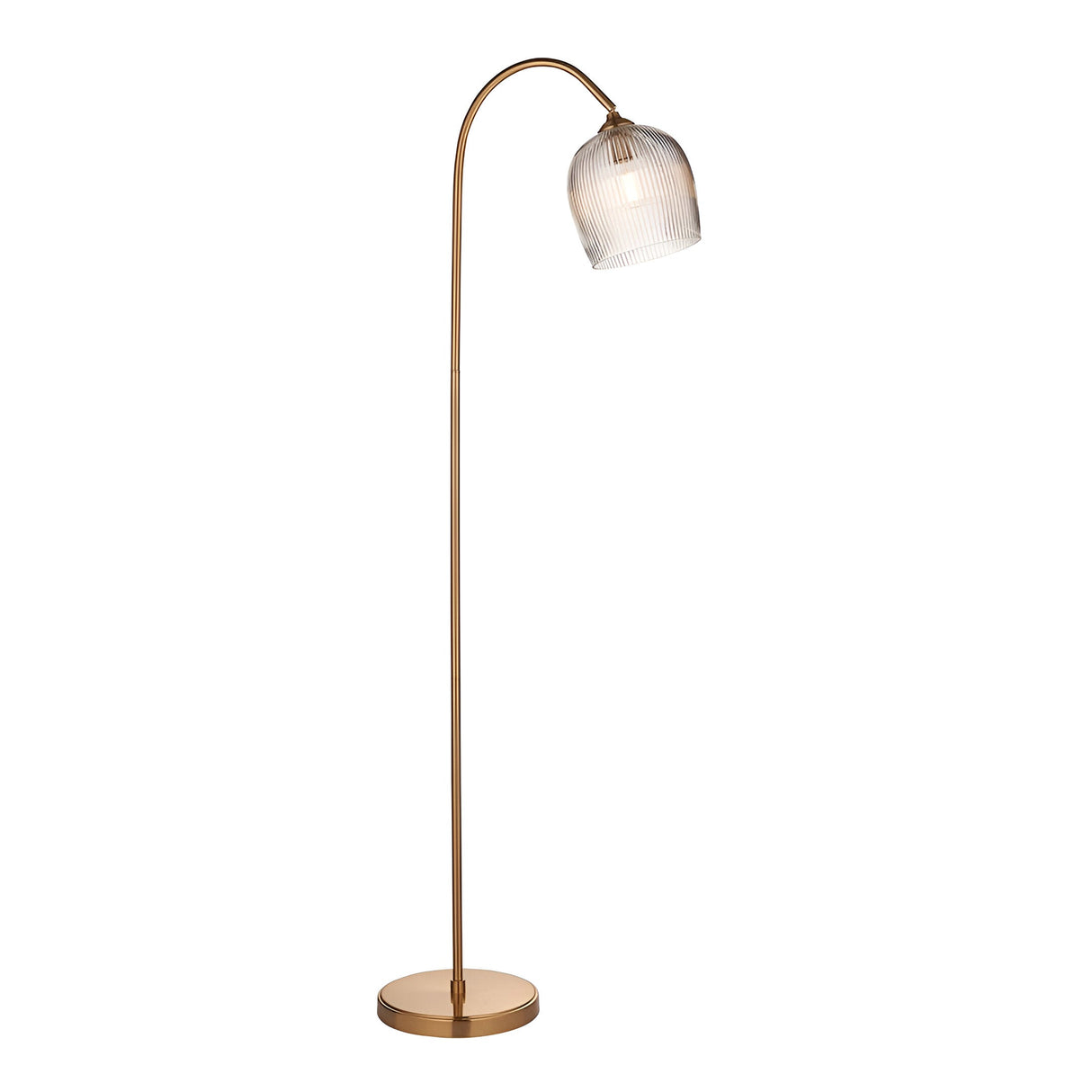 Endon Halstead floor lamp in aged brass with a curved stem, ribbed clear glass domed shade, and round base on a plain white background.
