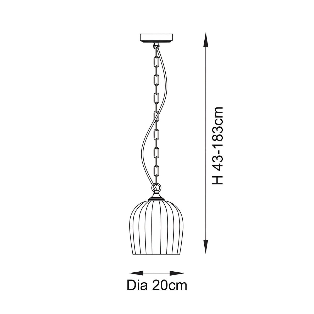 Endon Halstead Ribbed Pendant dimensions diagram showing 20cm diameter dome shade and adjustable 43-183cm chain drop on a white background.