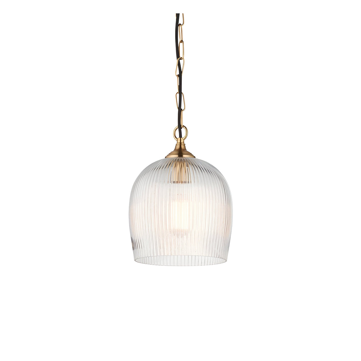 Endon Halstead ribbed single pendant light with fluted clear glass dome shade and brass fitting on a chain suspension, shown on a white background.