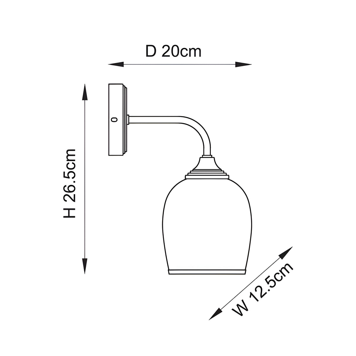 Halstead Wall Light in Brass, line drawing of single-arm design with round back plate and domed glass shade, H26.5cm, D20cm, W12.5cm.