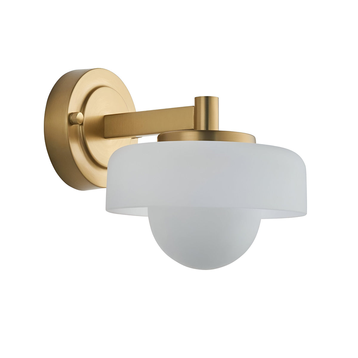 Endon Ashby wall light in brushed aged brass with a frosted glass outer shade and matt opal glass sphere, shown on a plain white background.