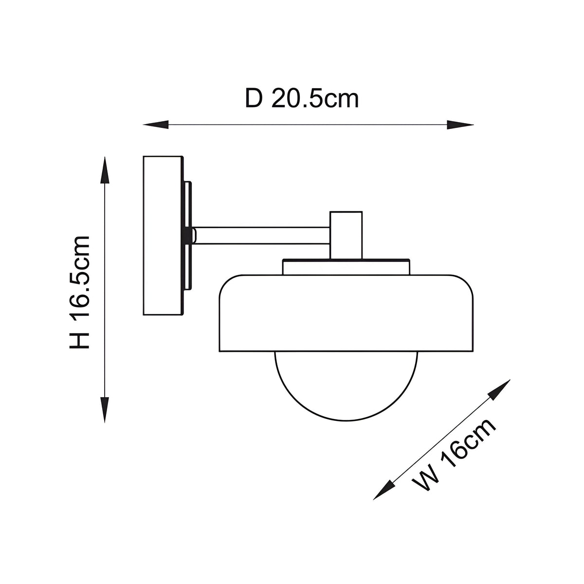 Endon Ashby wall light technical diagram showing dimensions of 16.5cm height, 20.5cm projection, and 16cm width on a plain background.
