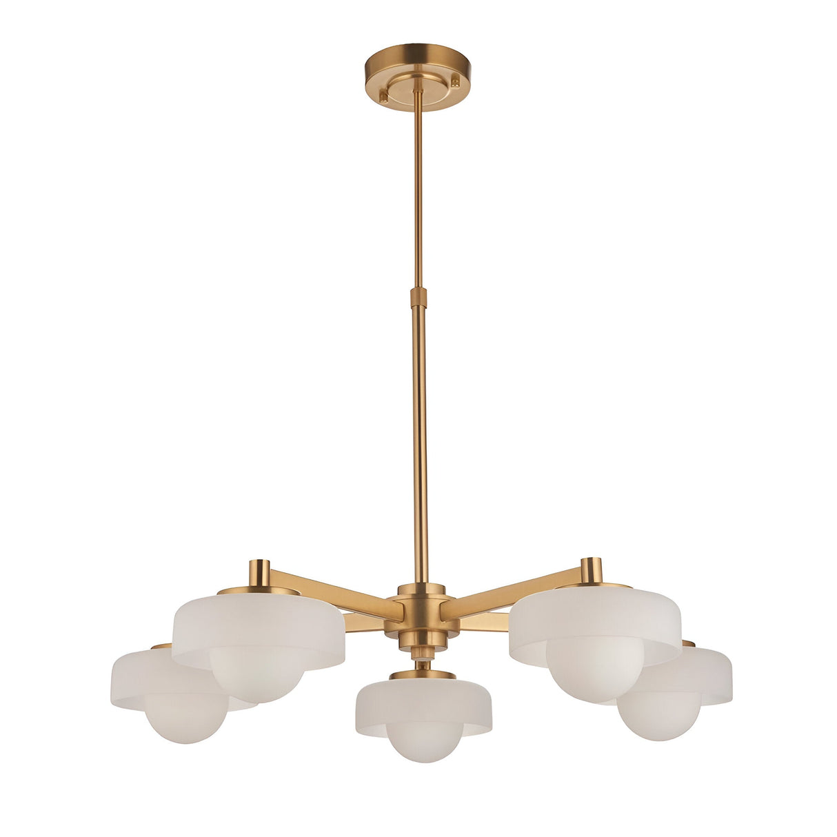Endon Ashby 5 light pendant in brushed aged brass with frosted glass shades and opal inner globes on a telescopic stem, shown on white.