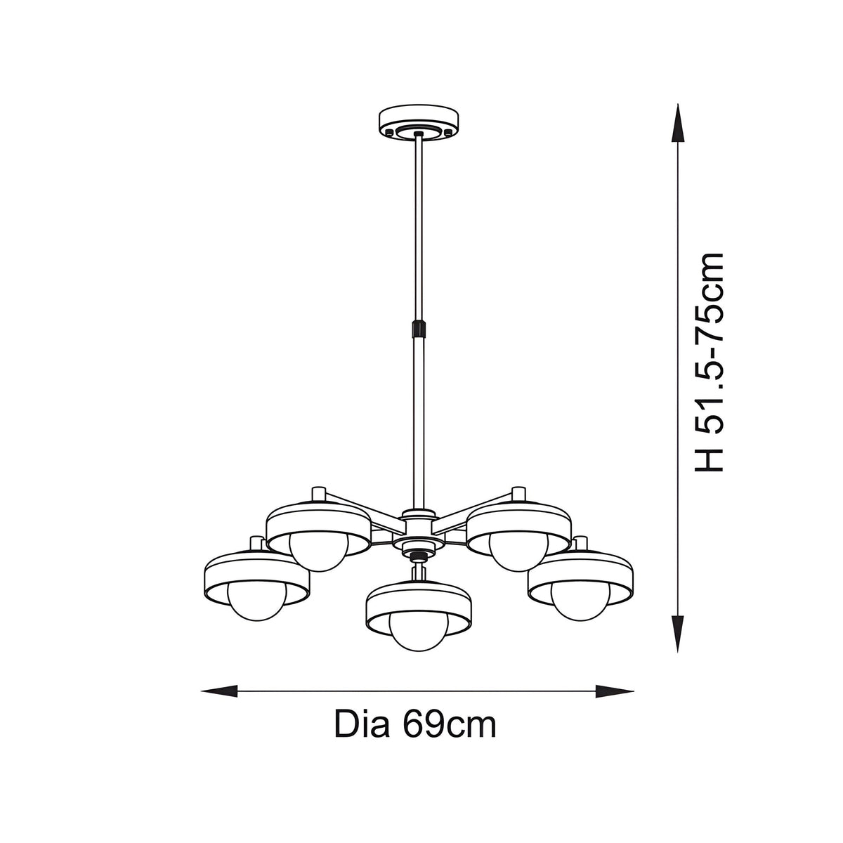 Dimensioned line drawing of the Endon Ashby 5 Light Pendant showing 69cm diameter and adjustable 51.5–75cm height.