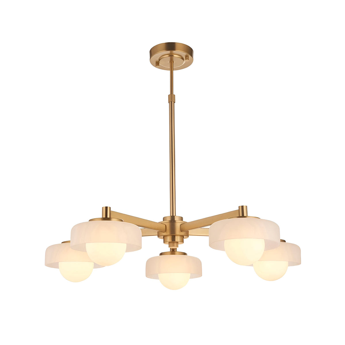 Endon Ashby 5 light pendant in brushed aged brass with frosted outer shades and opal inner globes on a telescopic stem, plain white background.