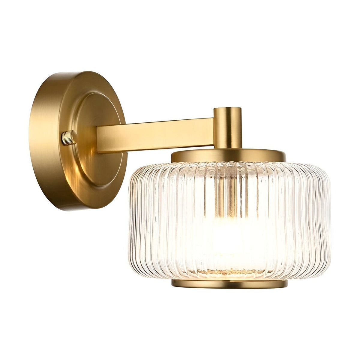 Endon Rutland wall light in brushed aged brass with a ribbed clear glass shade and plated metal trim, shown on a plain white background.