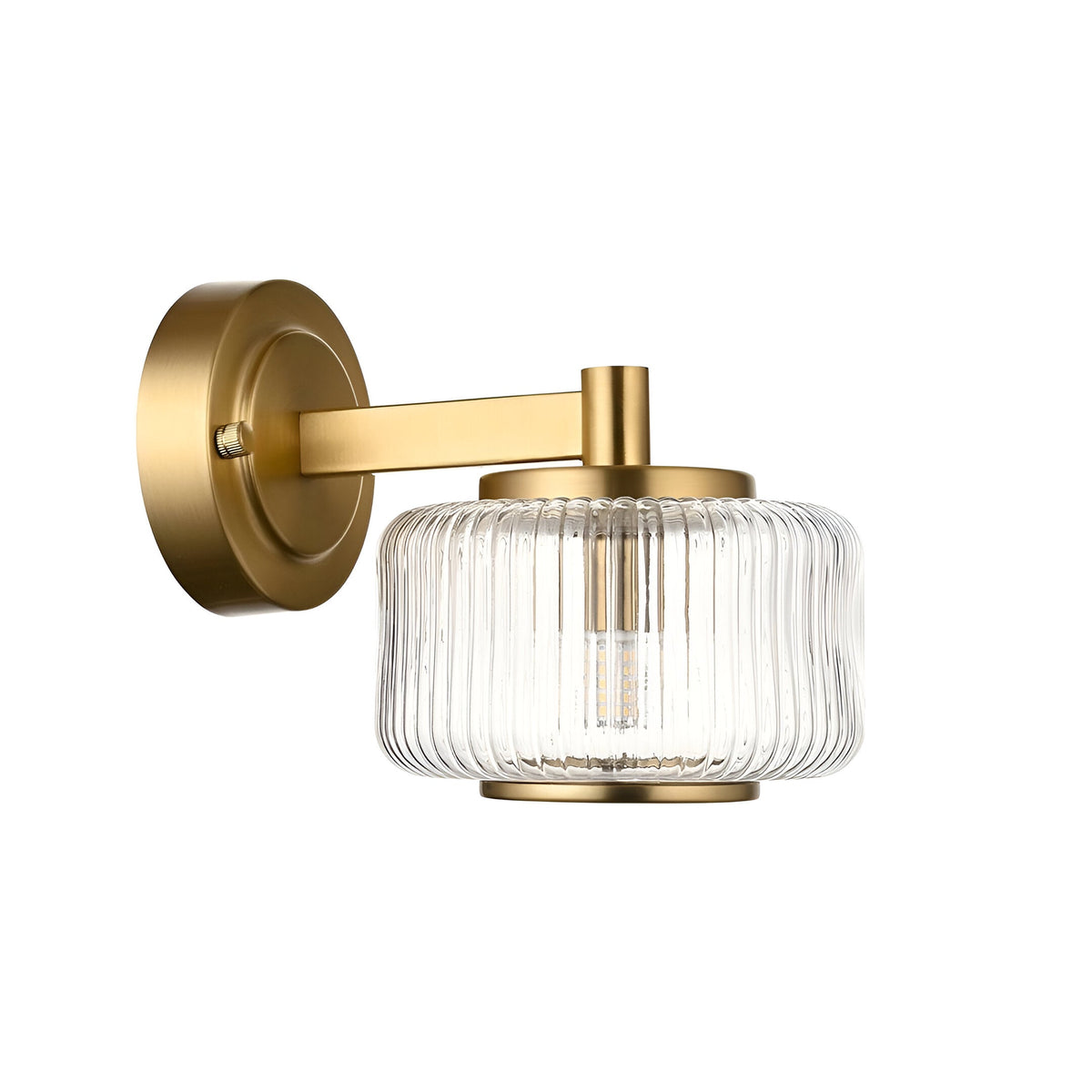 Endon Rutland wall light in brushed aged brass with a ribbed clear glass drum shade and round backplate, shown on a plain white background.