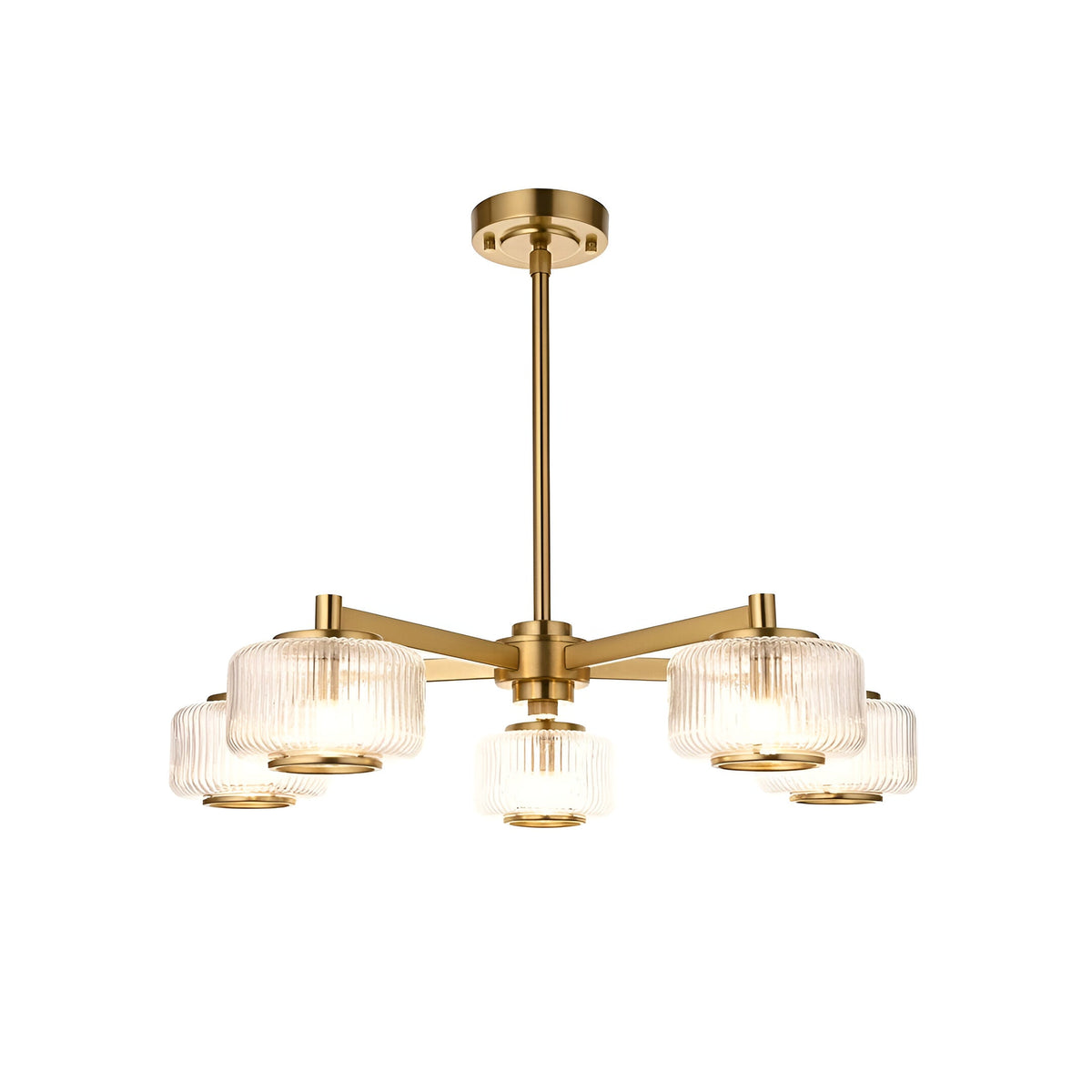 Rutland 5-light pendant in brushed aged brass with five ribbed clear glass shades on angled arms and a telescopic stem, shown on a white background.