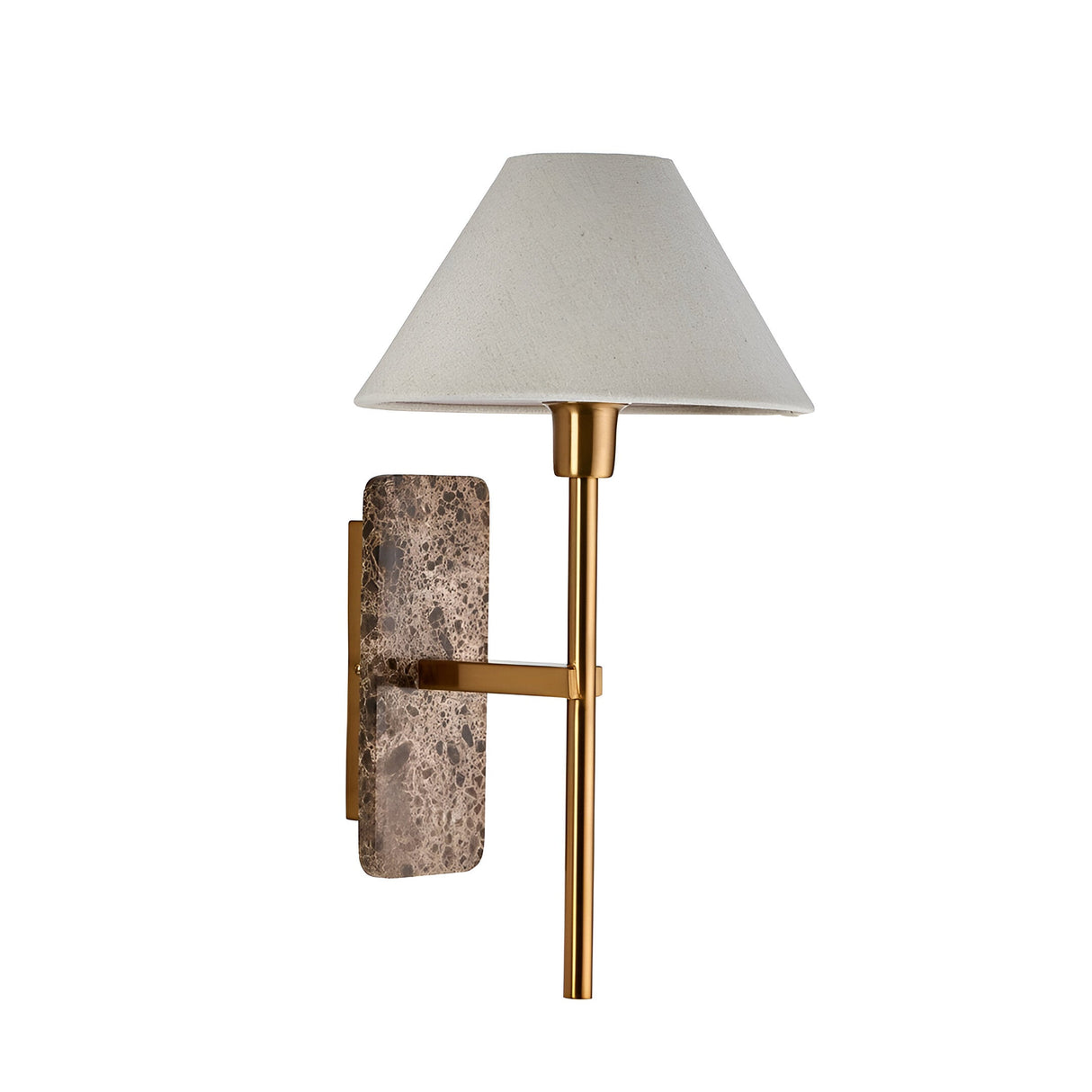 Bramble wall light with a rectangular brown marble backplate, slim brass arm and tapered natural linen shade, shown on a plain white background.